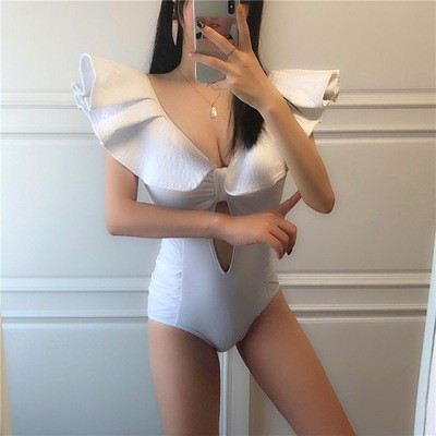 韓國新款日韓法式泳衣女連體三角性感露背大荷葉邊三色溫泉泳裝女