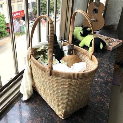 竹制品竹籃 藤編手提收納籃 超市買菜家用購物籃 野餐提手菜籃